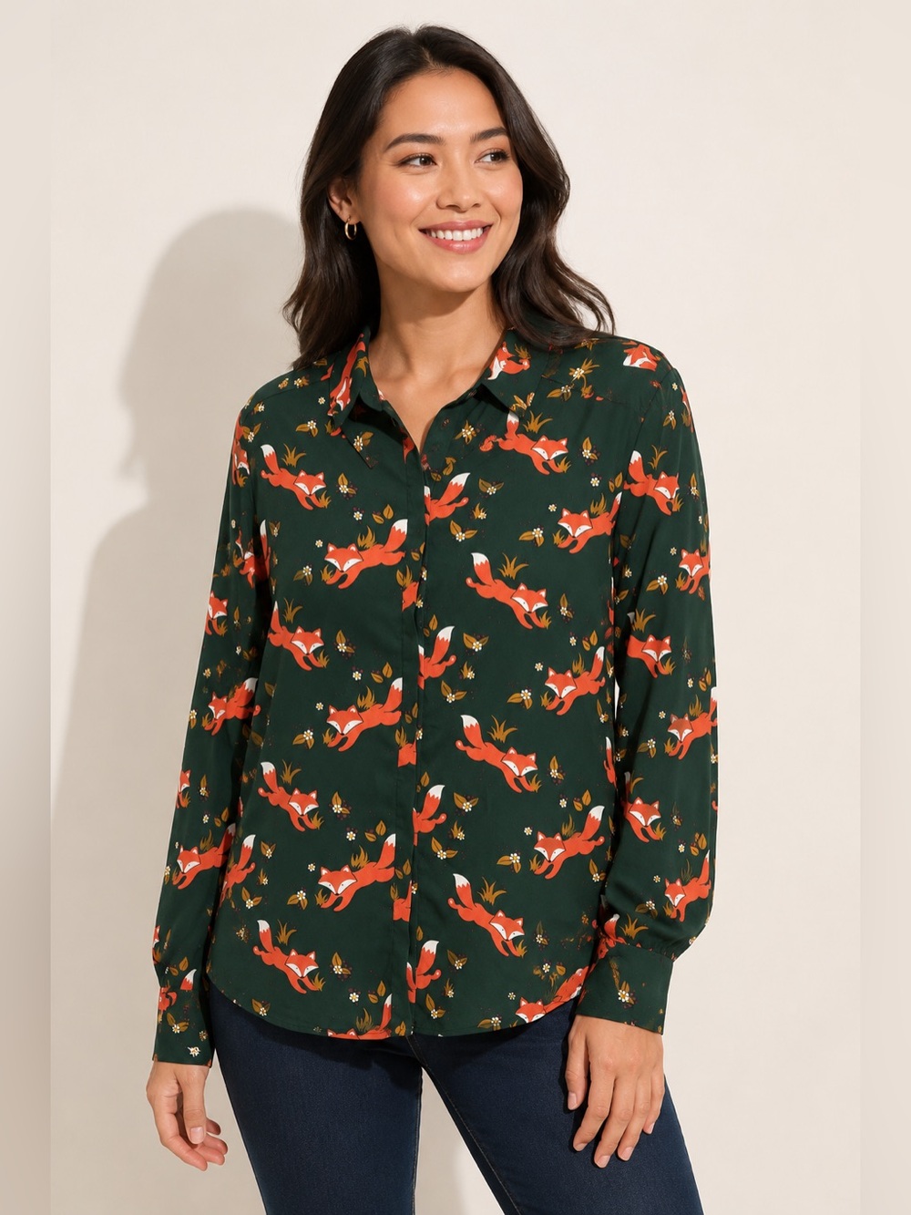 ModCloth Button-Down Fox & Floral Blouse XL